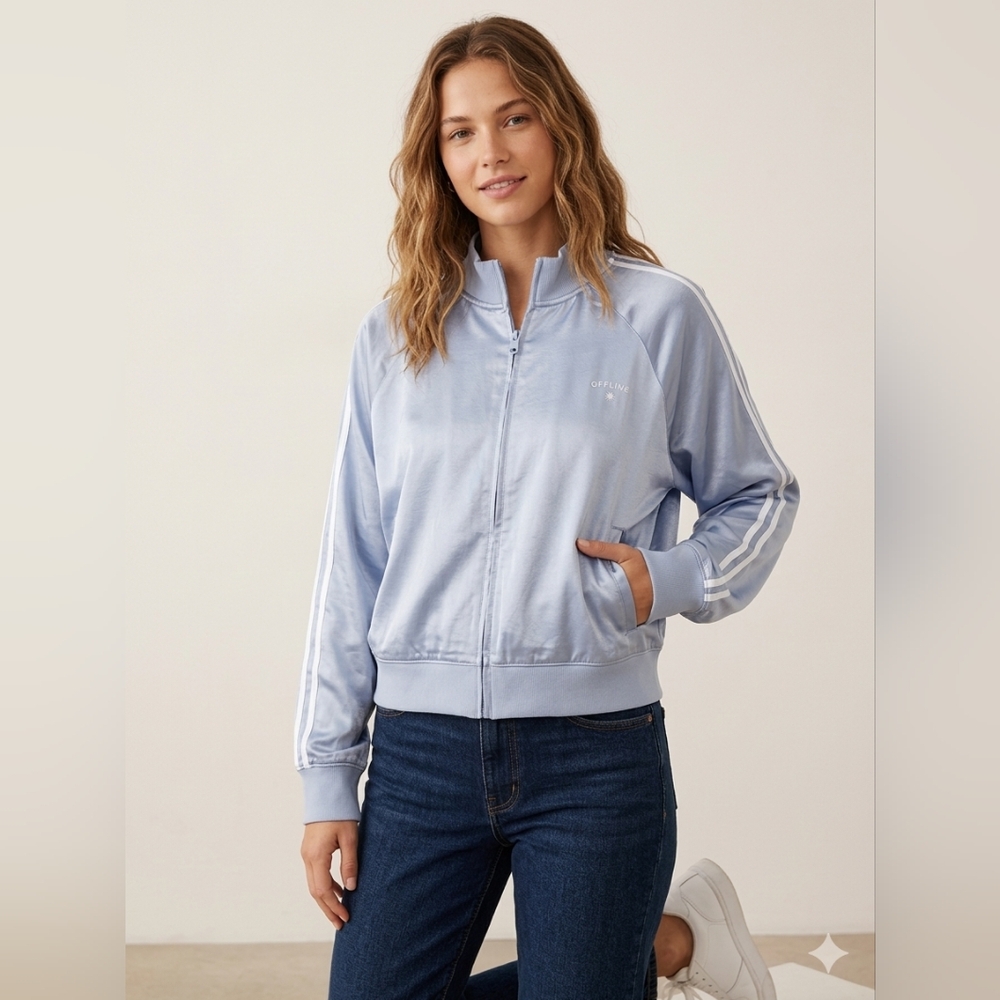 NWT OFFLINE by Aerie You're A Winner Satin Track Jacket Blue XL